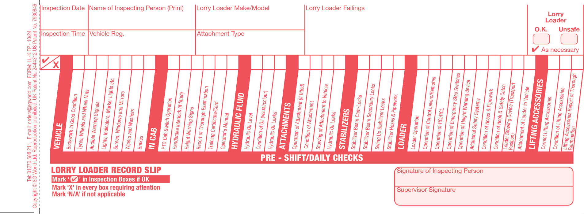 Lorry Loader Inspection Book (Pad of 30)